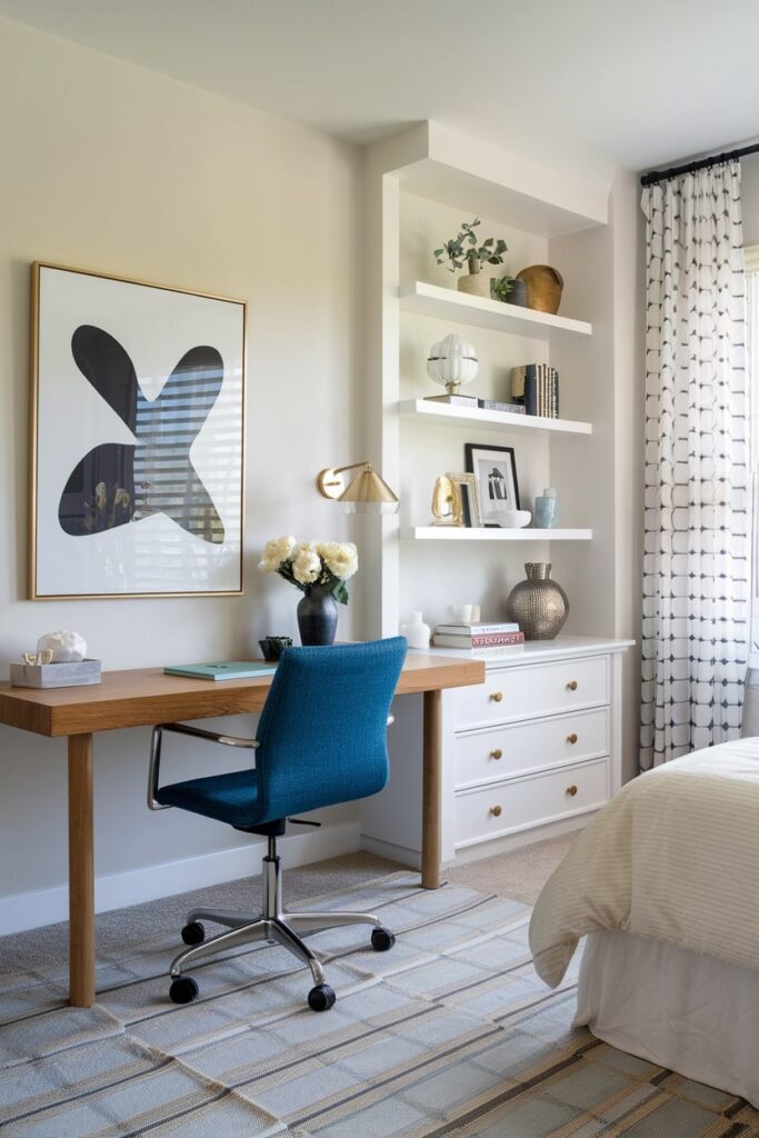 light guest room office with wooden table and blue chair, white shelving