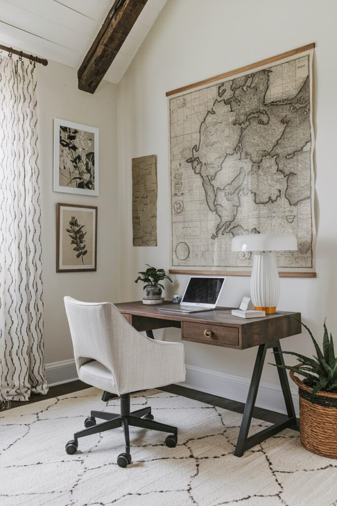 light home office space features vintage map wall art