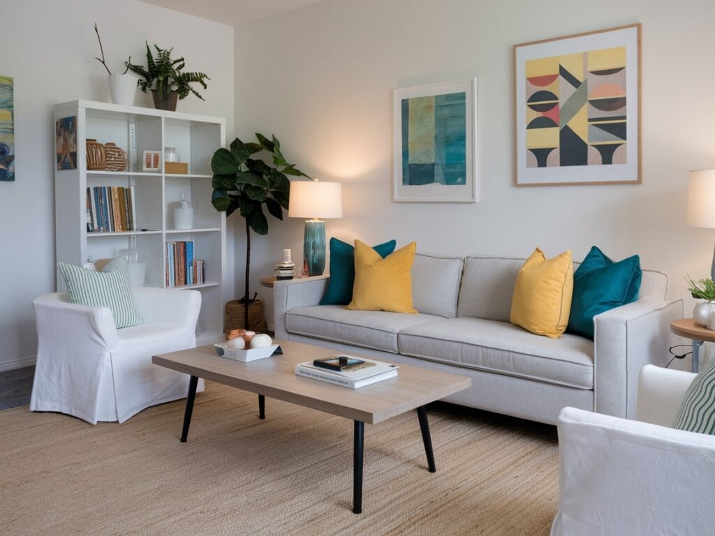 light living room with a gray couch, teal and yellow pillows, white walls