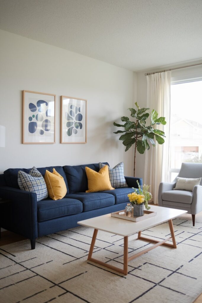 light living room with navy blue couch and yellow pillows