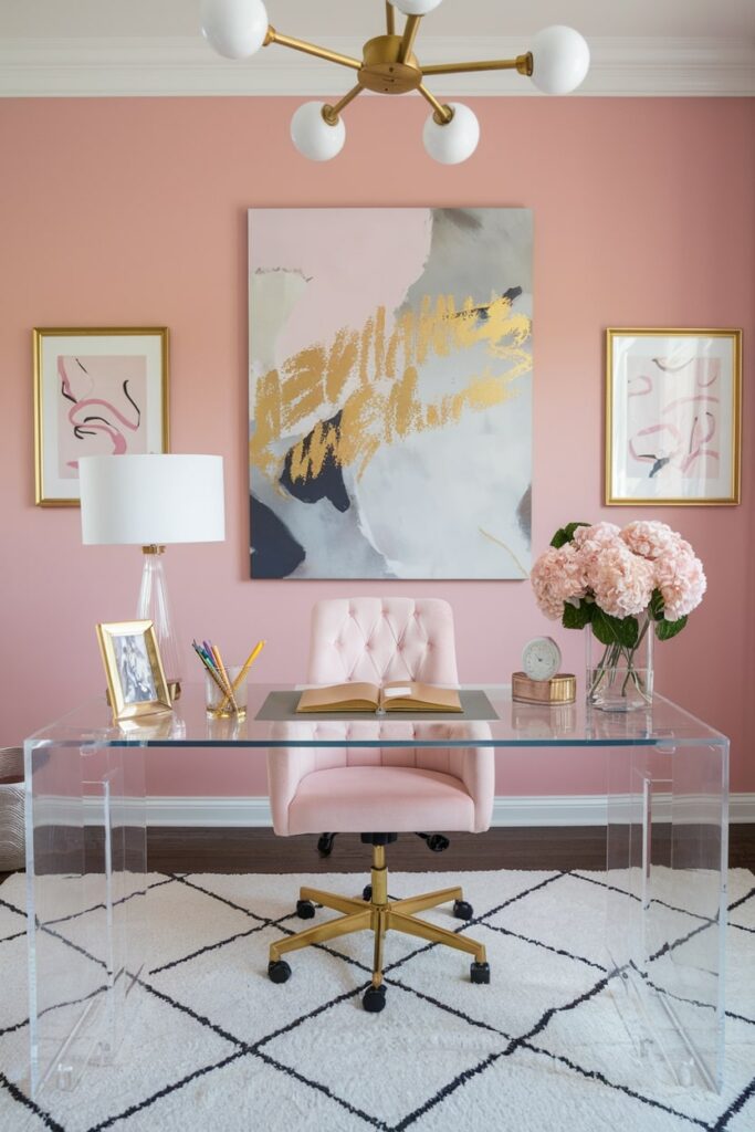 lucite and gold furniture in the pink and white home office