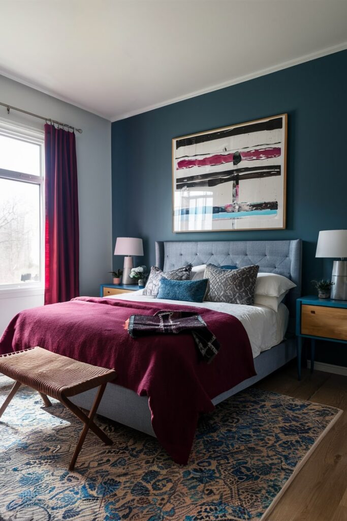 maroon and blue bedroom, maroon curtains and blanket, blue wall and bedside tables