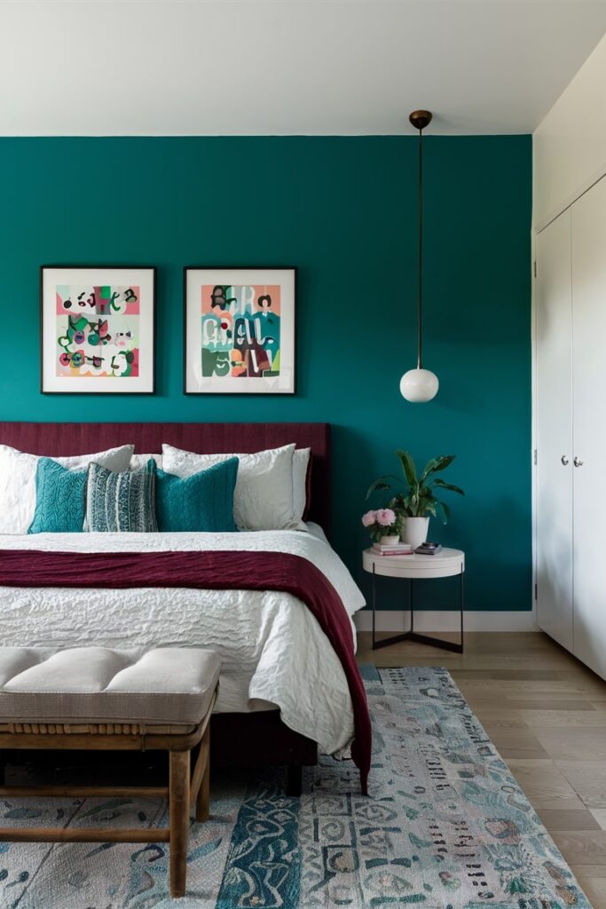 maroon and teal bedroom, white bedside table and wardrobe, maroon bed and throw blanket, teal wall