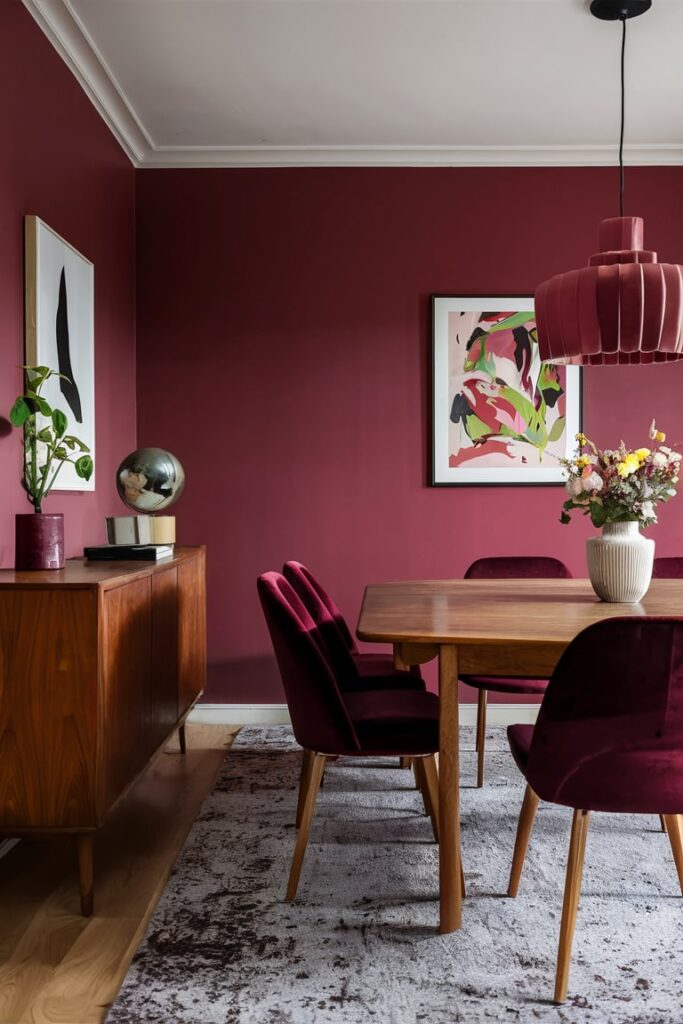 maroon dining room with brown wooden sideboard and table, maroon walls and dining chairs