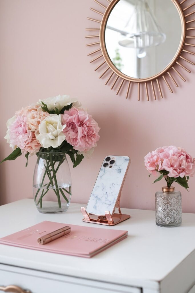 metallic vintage inspired phone stand in the feminine workspace