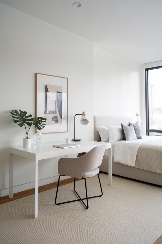 minimalist office guest room in white and soft gray colors