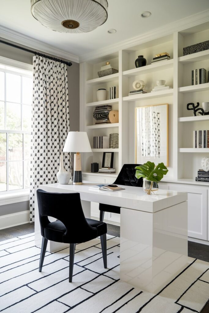 mixed materials in the elegant black and white home office or study room, white lacquer table, black velvet chairs, white built-ins