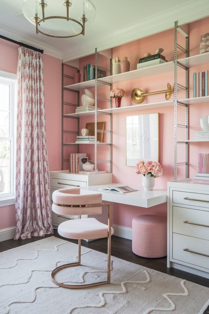 mixed metal furniture hardware in the pink and white home office