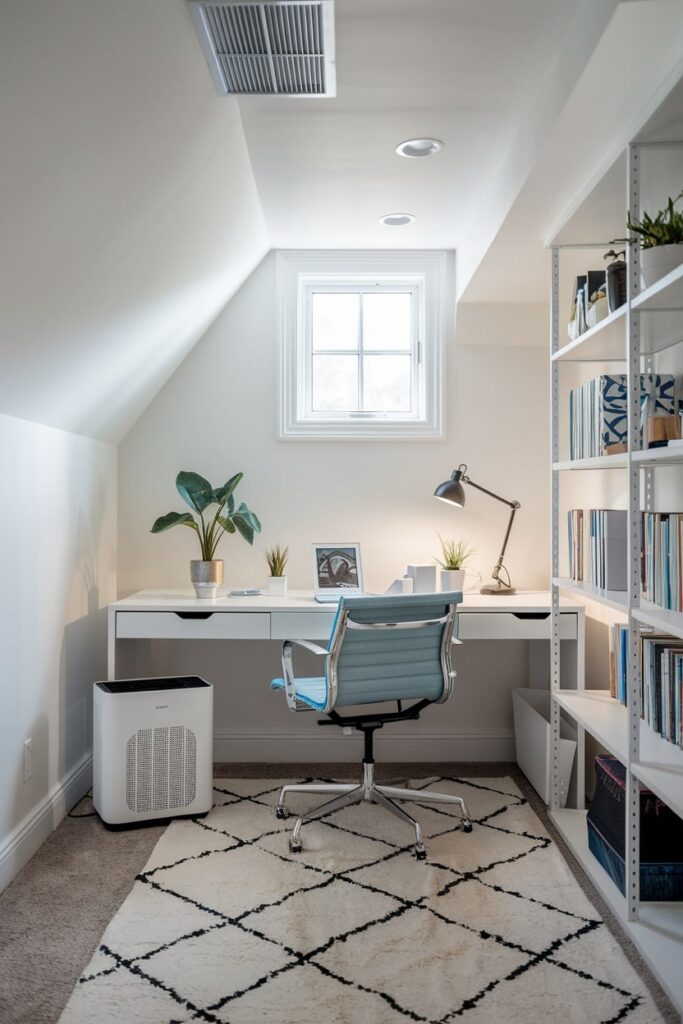 modern and minimalist basement home office with ventilation and air purifier, small window