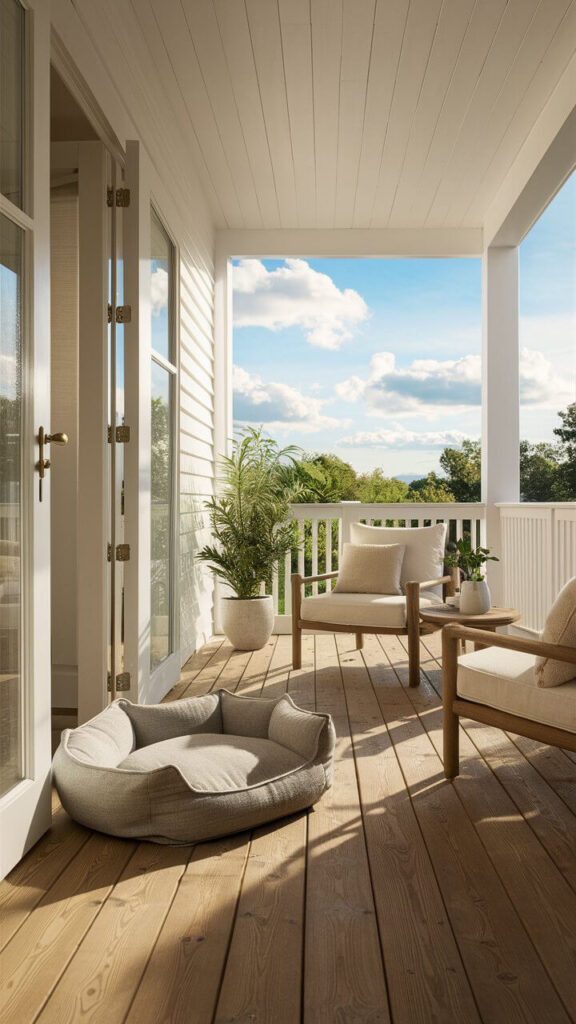 modern back porch with a dog bed