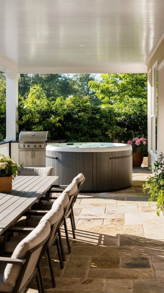 modern back porch with a round hot tub and dining table