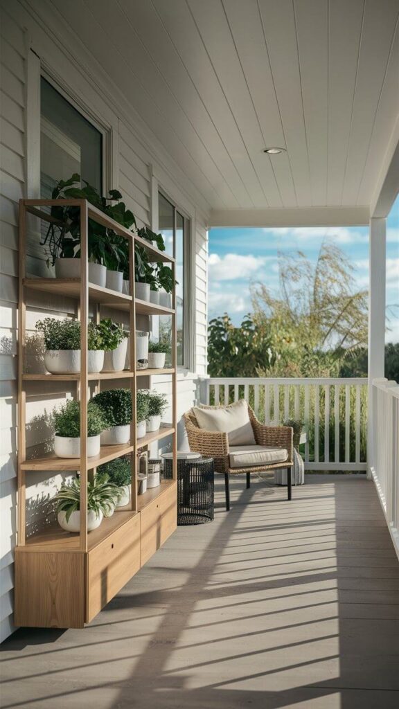 modern back porch with shelving units for plants