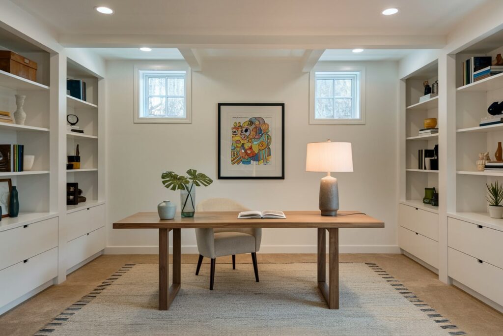 modern basement home office with white walls and big wooden table, artwork in black frame, white built-ins