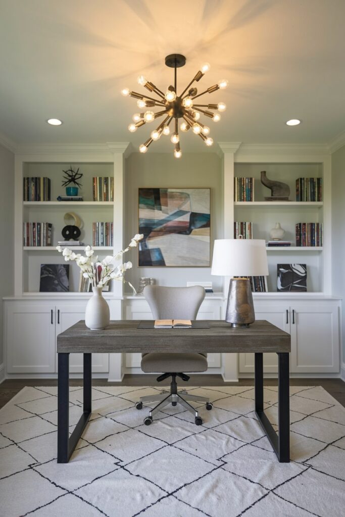 modern basement office with a sputnik chandelier and dark desk