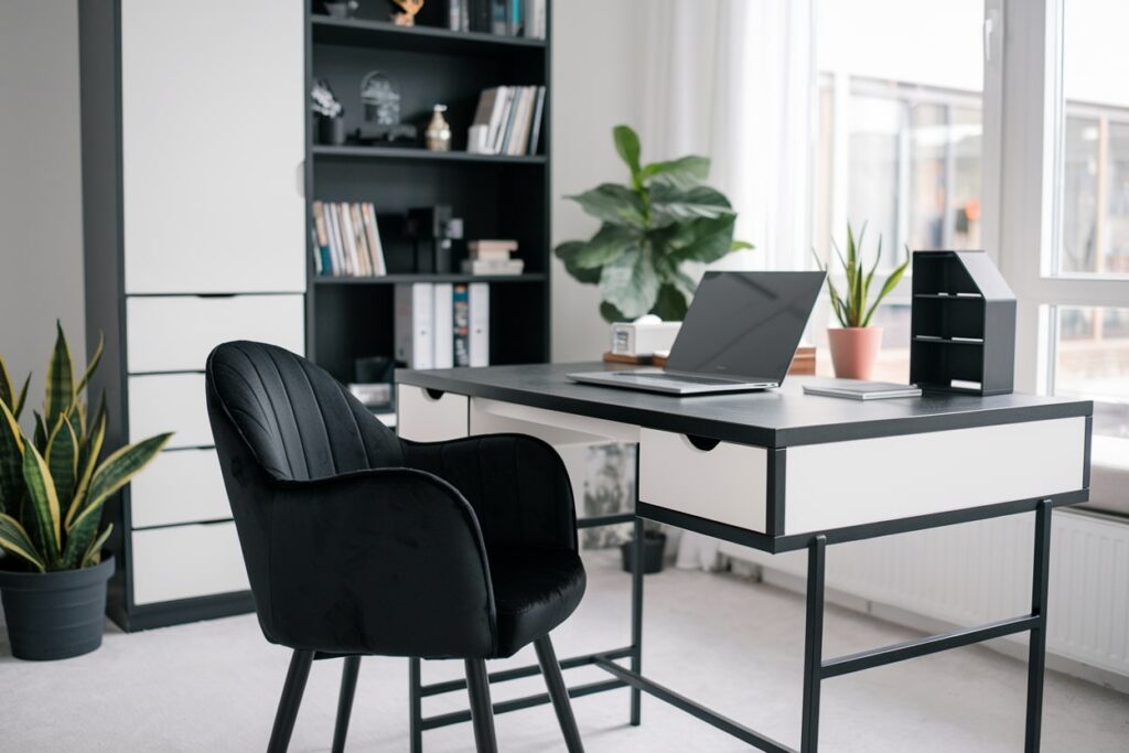 modern black and white home office, black velvet chair, black and white furniture