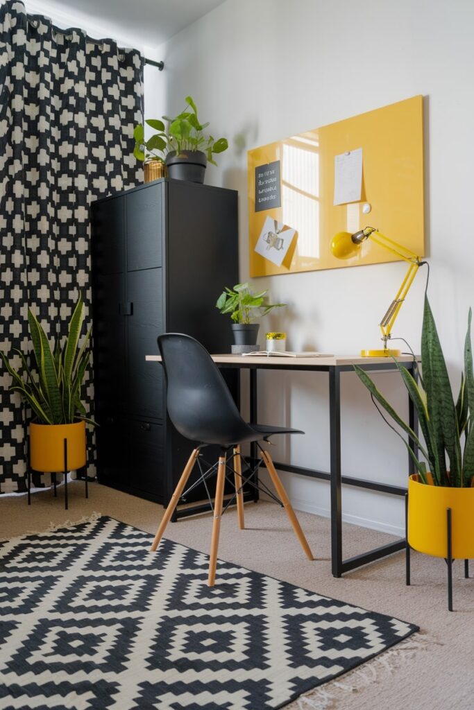 modern black and yellow working space, black chair and closet, black and white rug and curtains