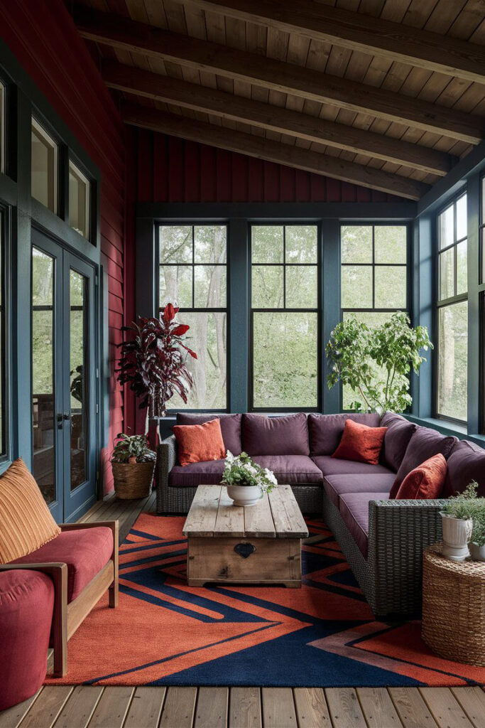 modern enclosed back porch rich colors sitting area