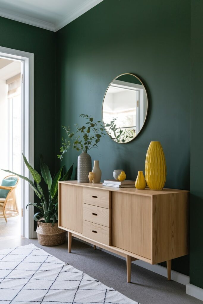 modern green entryway at home with yellow decor on the wooden sideboard, round mirror