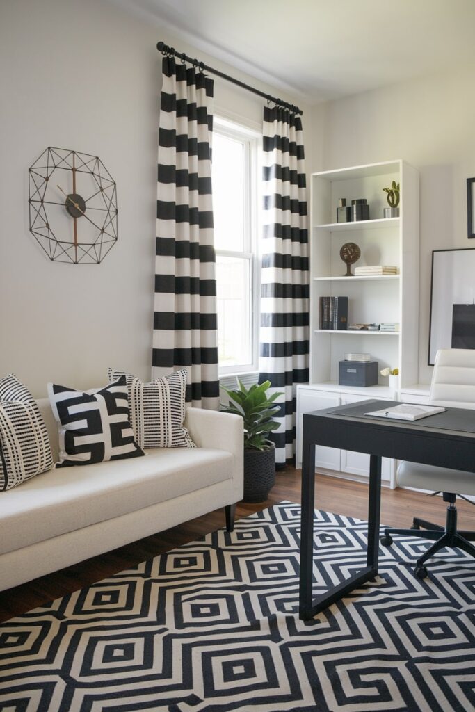 modern home office with black and white pattern decor, white couch and black desk, white shelving