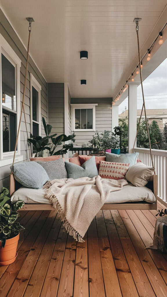 modern home's back porch with a swing bed