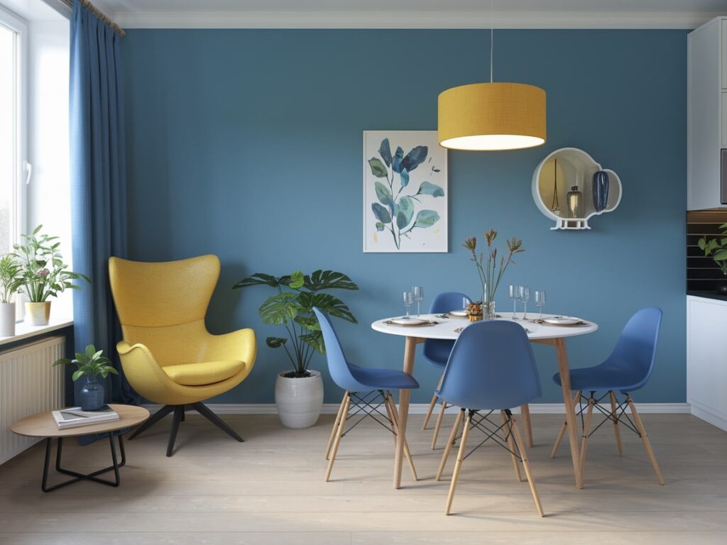 modern light blue dining area at home with yellow accent chair and yellow pendant light