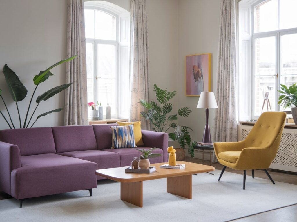 modern living room with a purple sofa, yellow accent chair and decor