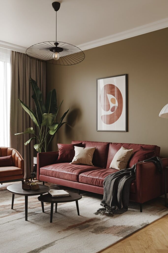 modern living room with khaki walls and maroon couch