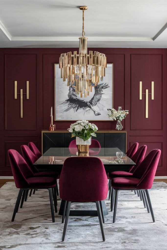 modern maroon dining room with gold accents decor, maroon walls and dining chairs, black sideboard and dining table