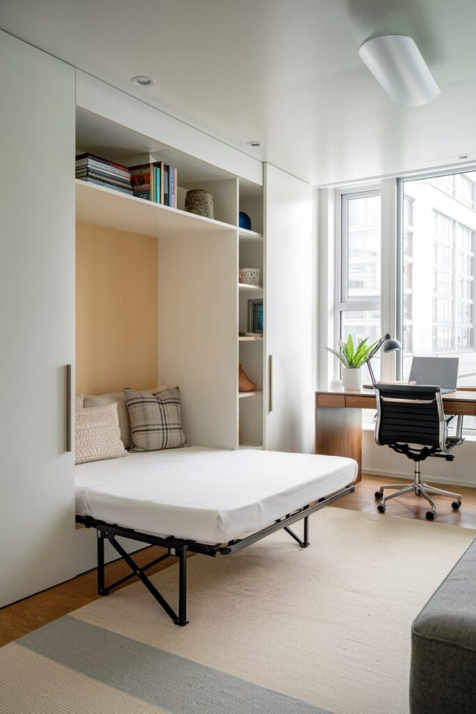 modern office guest room with a built-in bed, murphy bed