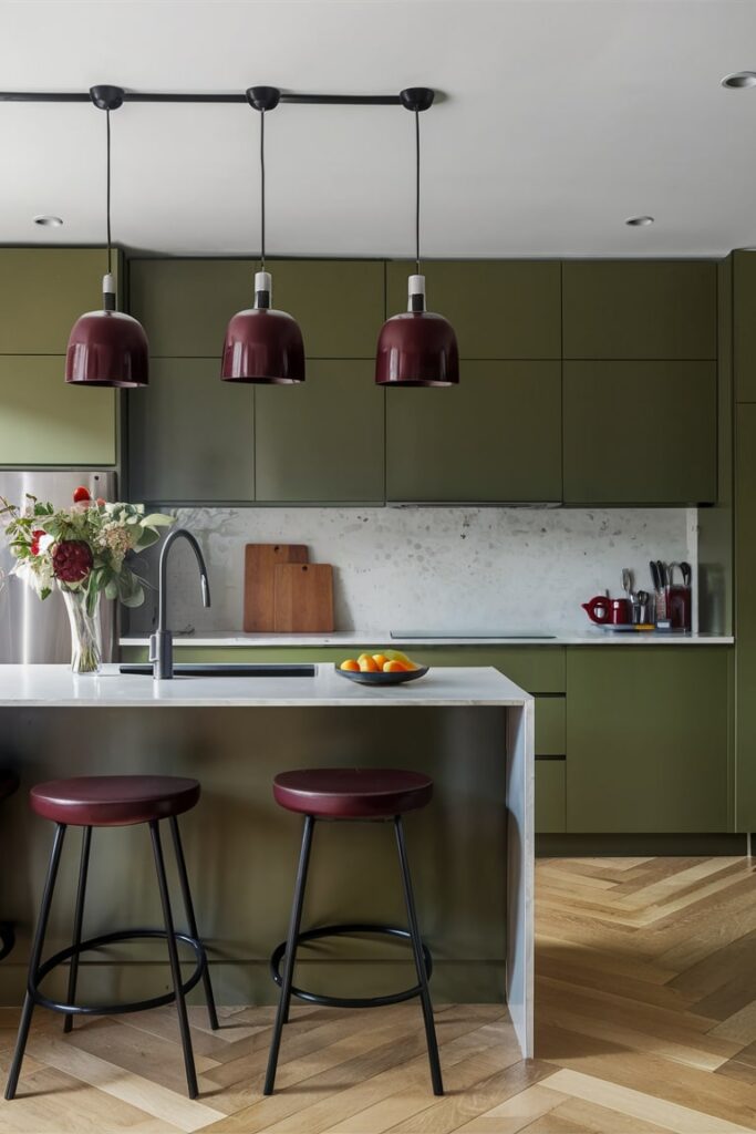 modern olive green kitchen with maroon accents, maroon pendant lights and bar chairs