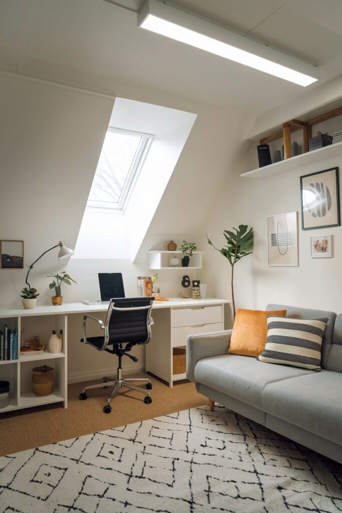 multifunctional basement office with a gray couch and egress window, white walls