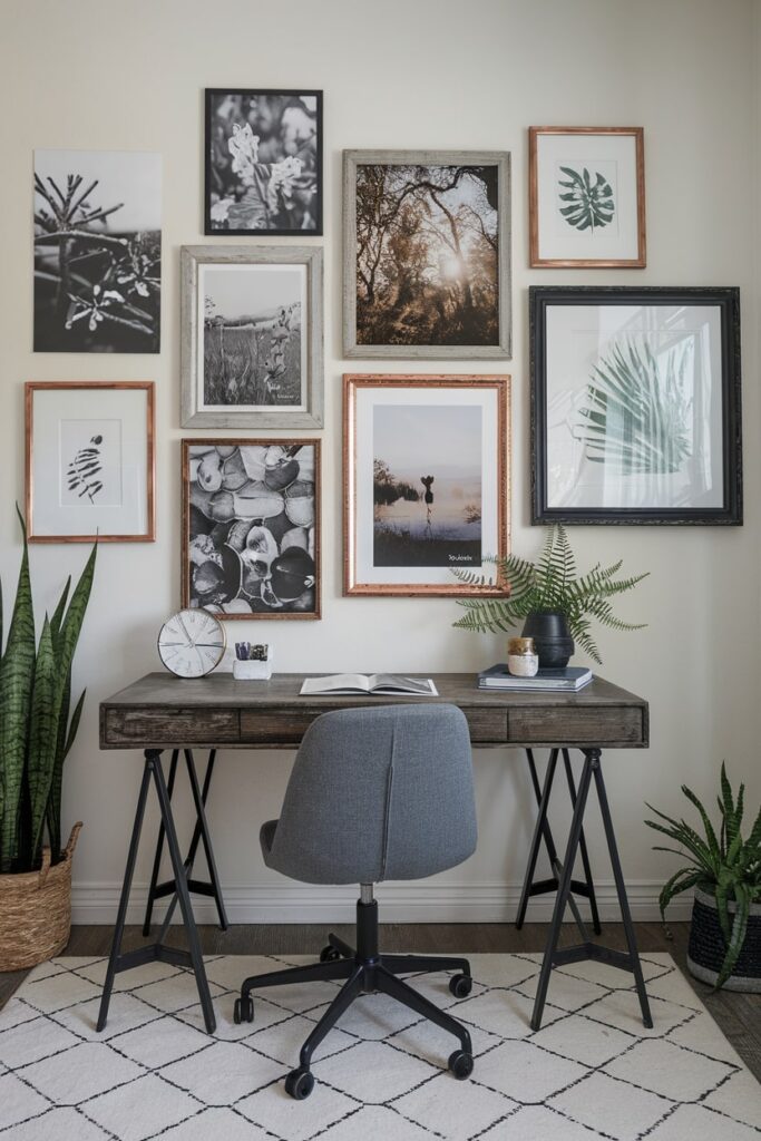 nature inspired gallery wall, rustic frames in the home office