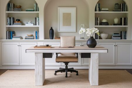 neutral home office with a beige chair, white table and cabinets, black accents
