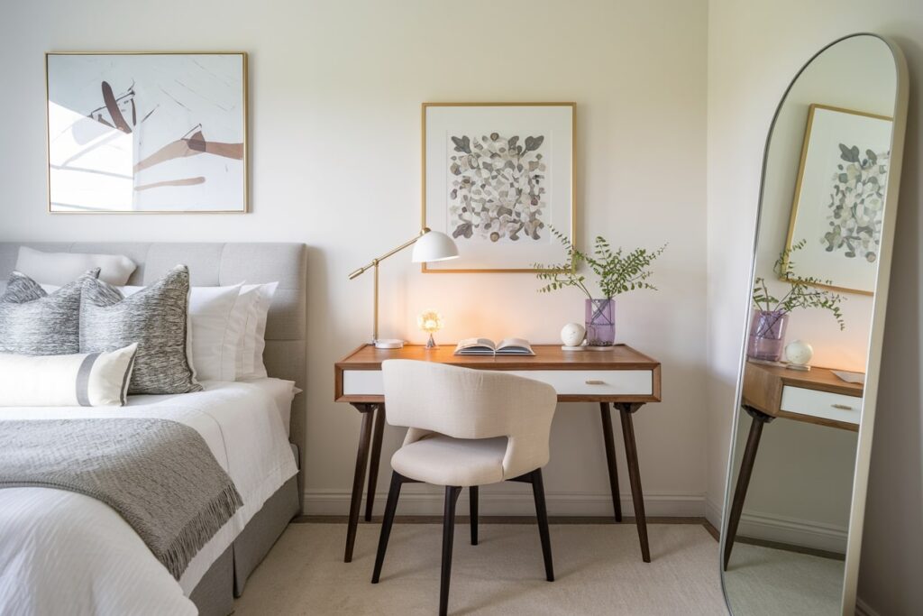 neutral office guest room with large mirror and purple glass vase, gray bed with white and gray bedding