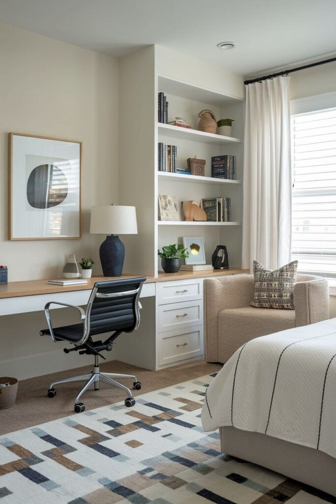 neutral office guest room with multiple sitting options, white shelving