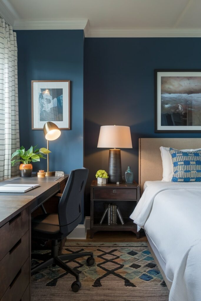 office guest room with different lighting options, blue walls, white bedding, desk near window