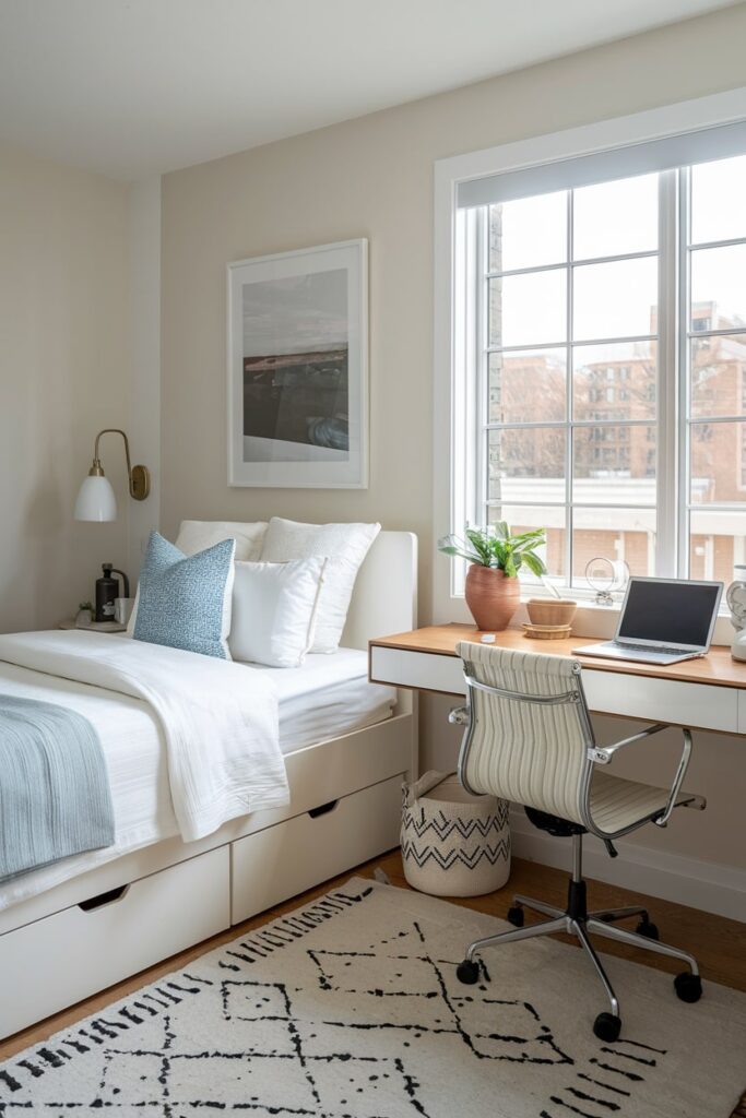 office guest room white bed with built-in drawers, desk near window