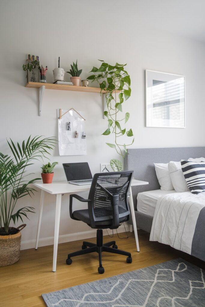 office guest room with fresh plants, grey bed, white walls