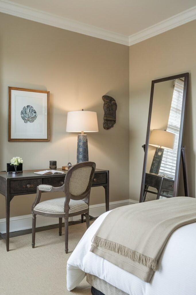 office guest room with full length mirror and beautiful desk lamp