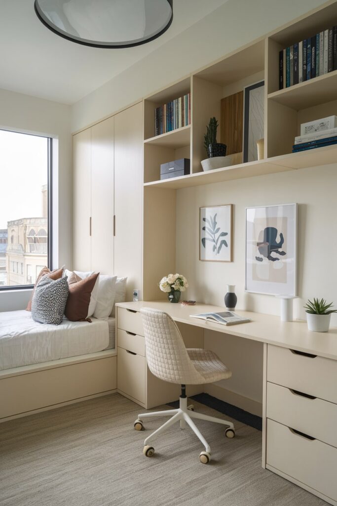 office guest room with modular furniture cream color