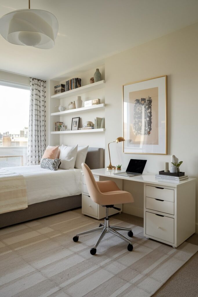 office guest room with multi-purpose desk as bedside table