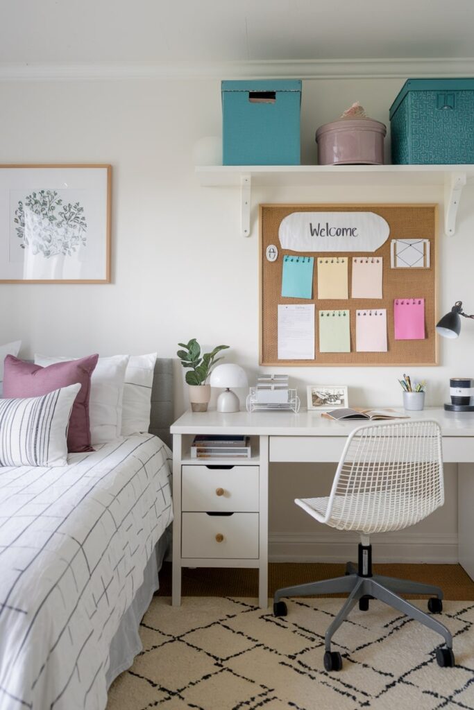 office guest room with a pinboard white and furniture