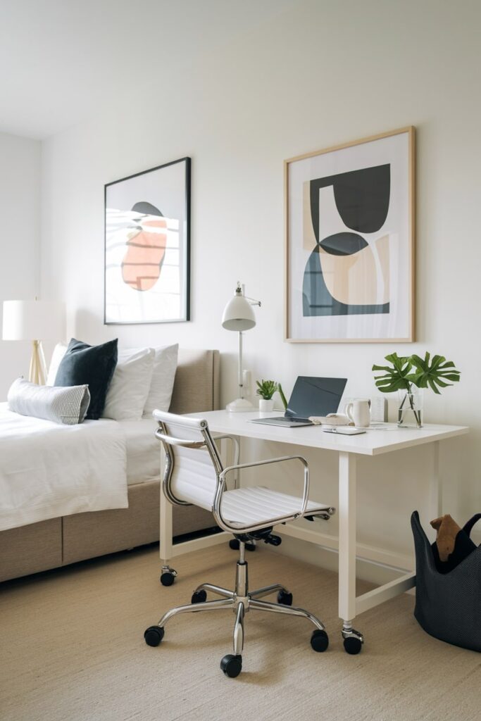 office guest room with rolling workspace, office chair and desk on the wheels, beige bed with white bedding