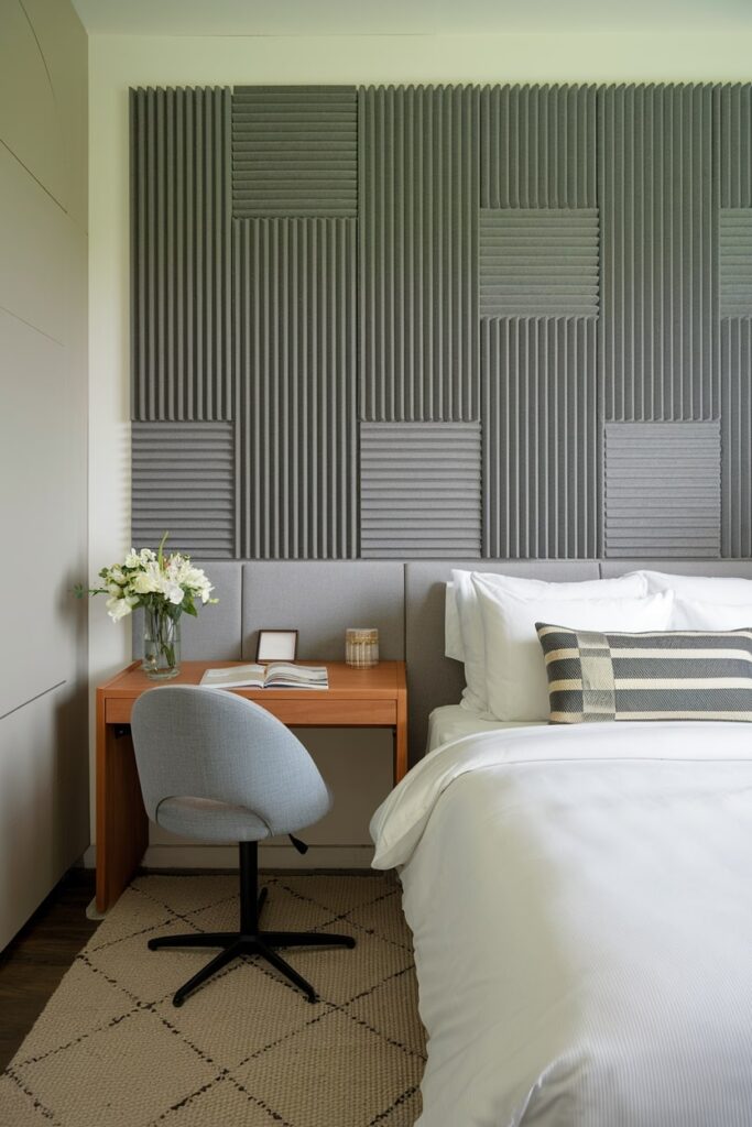 office guest room with soundproofing panels, small desk, white bedding