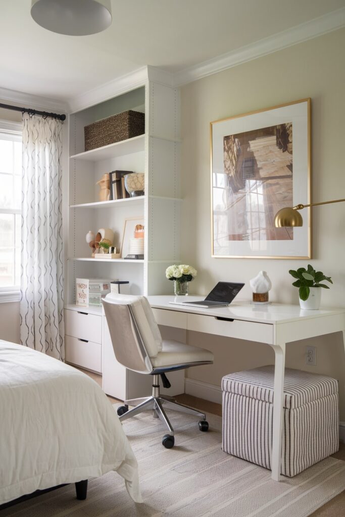 office guest room with storage ottoman under white desk, white shelving, white bedding, gold lamp and painting frame