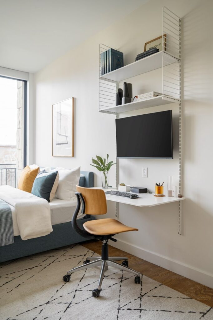 office guest room with wall-mounted white desk, monitor, and shelving, blue or gray bed with white bedding