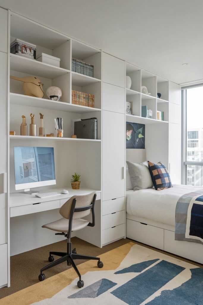 office guest room with white floor to ceiling storage units