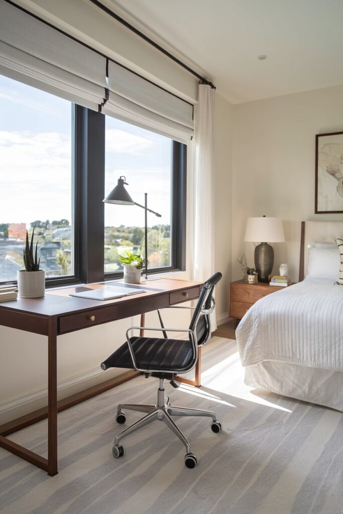 office guest room with a wooden desk near the black windows, white bedding