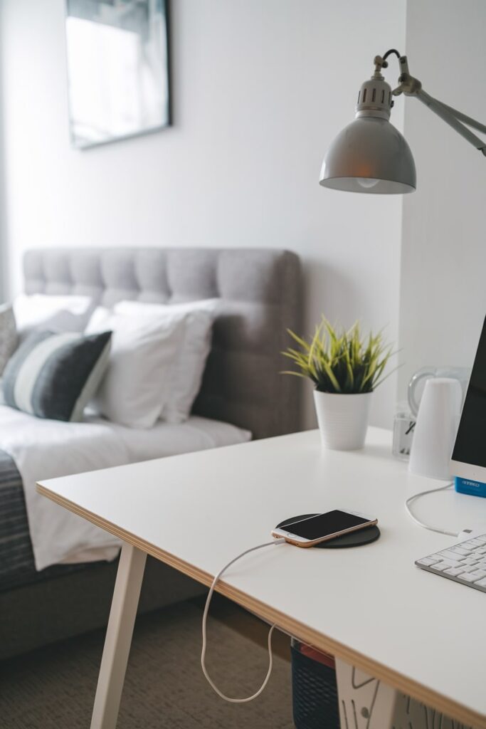 office guest room workspace desk with a charging station