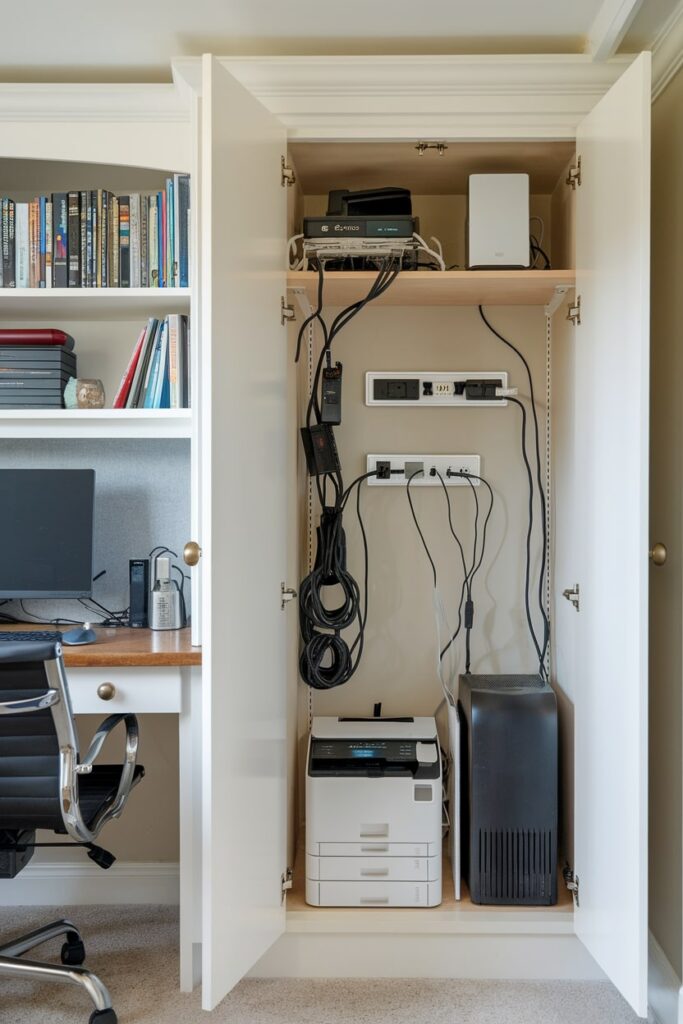 organized home office setup with hidden tech hub in the closet